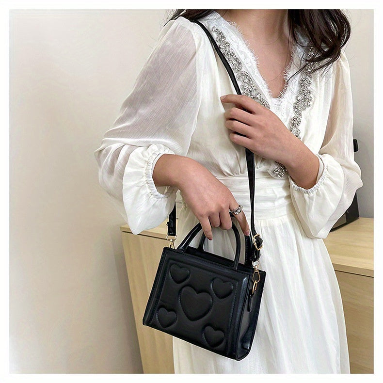 1pc Women’s Stylish Solid Color Handbag with Detachable Strap – Heart Pattern Design, Perfect for Valentine’s Day Gift, Available in Magenta, White, Black, Green, Yellow